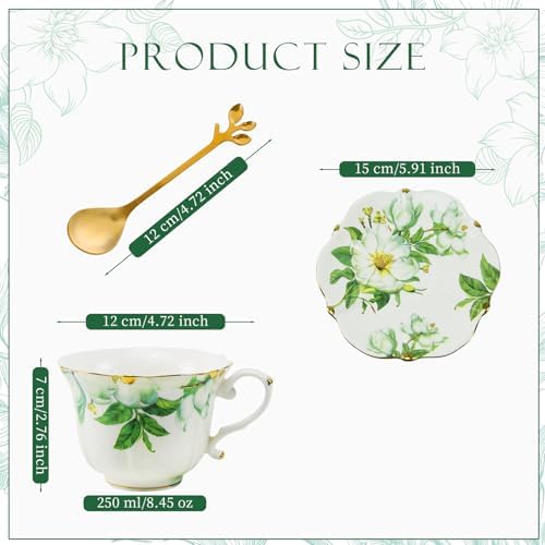 Country Roses Porcelain Tea Cup and Saucer Set with Gold Trim, Vintage Style, For Women and Tea Parties (2, Green)