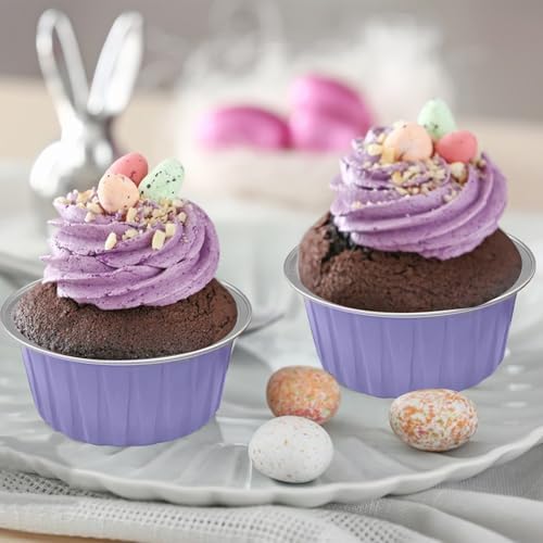 100Pcs Aluminum Cups with Lids,5oz Disposable Ramekin Baking Cups Muffin Liners Mini Pie Pans Foil Cupcake Containers for Christmas Party Wedding Party,Purple