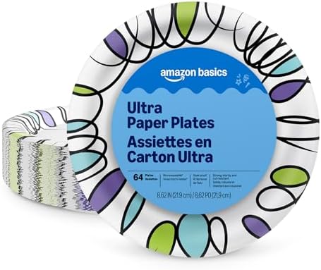 Amazon Basics Ultra Paper Plates, 8.62 Inch, Disposable, 64 Count, Packaging May Vary