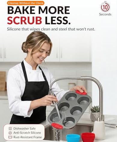 Boxiki Kitchen Non-Stick Steel 6 Cup Muffin Pan with Silicone Handles and Reusable Liners - Perfect for Baking Large Muffins and Cupcakes