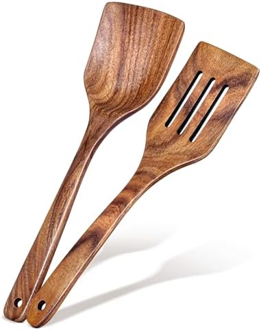 2Pcs Wooden Spatula, Acacia Solid & Slotted Turner Spatula Set, Long Handle Flat Frying Spatulas, Ideal Kitchen Gift for Mother and Grandma, Kitchen Utensils Set for Cooking, Frying, Baking
