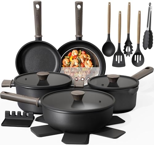 Astercook 19 Pcs Pots and Pans Set Non Stick, Black Titanium Induction Kitchen Cookware Sets, Non toxic Healthy Kitchen Cooking Set with Frying Pans Set, PTFE PFOA PFOS Free, Fathers Day Gift for Men