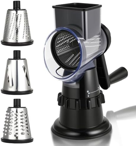 Rotary Cheese Grater Hand Crank, Vegetable Slicer with 3 Blades, Stable Suction, Labor-Saving Handle, Cheese Shredder for Potato Vegetables Nuts Chocolate, Black