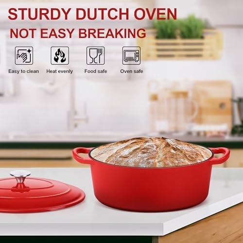 E-far 5QT Oval Dutch Oven Pot with Lid, Red Enameled Cast Iron Dutch Oven