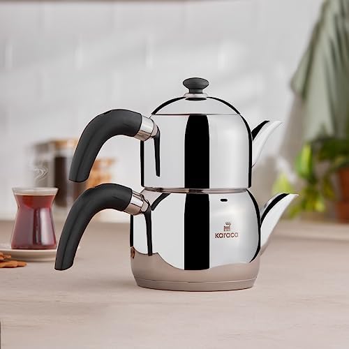 Karaca Edge Stainless Steel Turkish Small Teapot Set, Stackable Tea Maker, Teapot 0.85L, Tea Kettle 1.25L, Induction Compatible, Durable Metal Body, Silver & Black