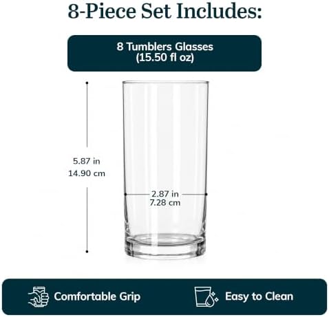 Libbey Heavy Base Drinking Glasses Set of 8, Weighted Clear Water Cups