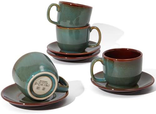 Pokini Stoneware Coffee Cups with Saucers, Cappuccino Cups, Mugs Set of 4