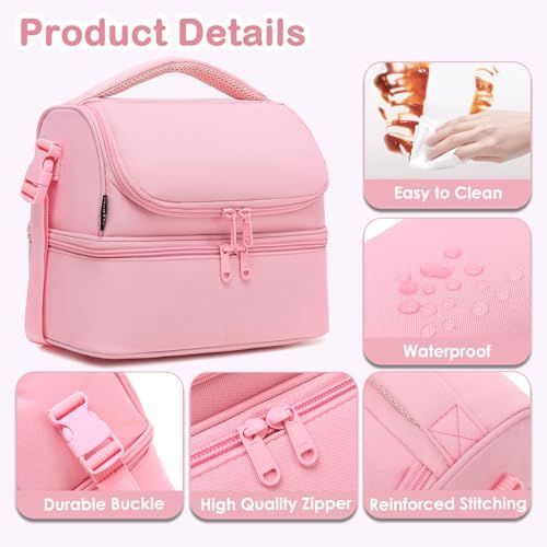 FlowFly Double Decker Cooler Insulated Lunch Bag Large Tote for Boys, Girls, Men, Women, With Adjustable Strap,Pink