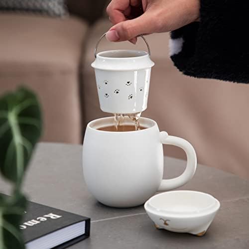 HEER Cat Ceramic Tea Mug 13.5oz with Infuser and Lid, White