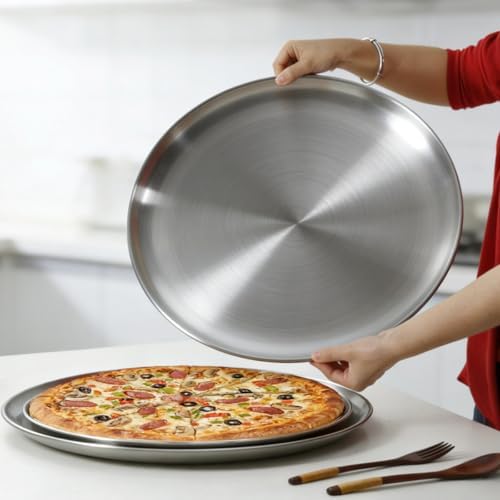18 Inch Pizza Pan for Oven 2 Pack Stainless Steel Baking Sheet Round Plates for Cake Pie and Salad Pizza Steel Large Tray Oven Dishwasher Safe & Easy Clean