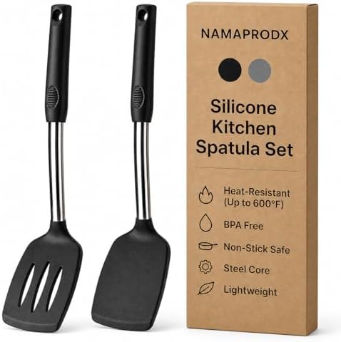 Silicone Spatula Set (2-Pc) - 600°F Heat Resistant, BPA-Free, Non-Scratch, Dishwasher Safe I Slotted & Solid Kitchen Spatula Turner I Ideal for Eggs, Pancakes, Fish I Stainless Steel I Black