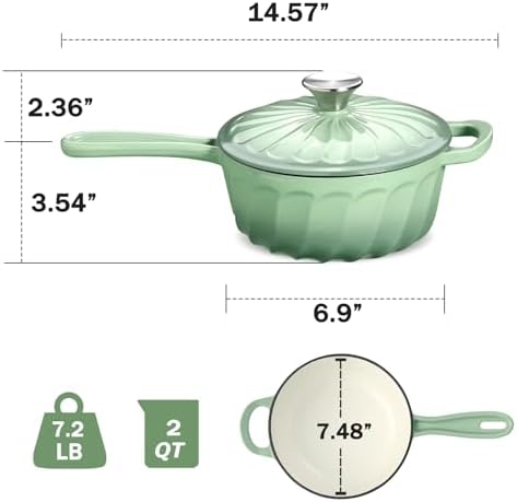 Enameled Cast Iron Sauce Pan, 2 Quart Saucepan with Lid, Small Cast Iron Pot Enamel Saucepan for Cooking Pasta Sauce, Gravy, Puddings, Marinate, Boiling (Fig Green)