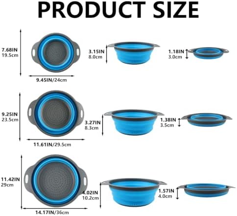 Collapsible Colander Set, 3 Pack Silicone Kitchen Strainer Set, Space Saving Design, Small Round Colander Baskets for Draining Pasta, Vegetable and fruit, (2Qt+3Qt+5Qt)