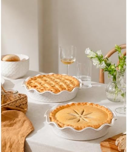 Ceramic Deep Pie Pan for Baking, 11 inch Porcelain Pie Dish for Apple Pie, Oven & Dishwasher Safe, Farmhouse Decor, 48 Ounce Deep Plate for Kitchen, Non-Stick Pie Pans, Embossed Firework