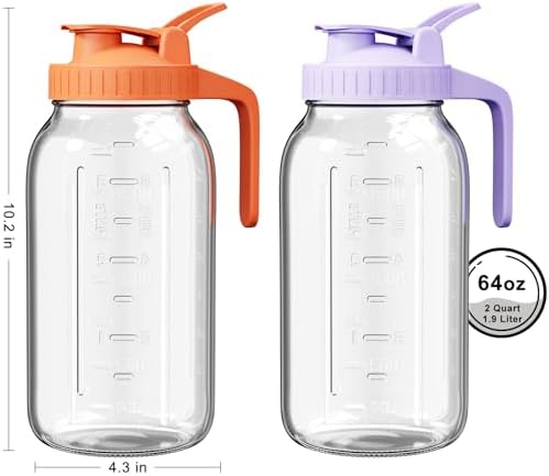 Mason Jar Pitcher Set of 2, 64oz (2quart) Glass Pitcher with Lid for Tea