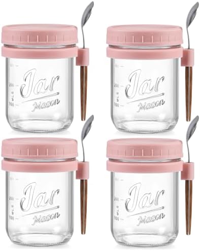 LANDNEOO 4 Pack Overnight Oats Containers with Lids and Spoons, 16 oz Glass Mason Jars with Airtight Lids, Overnight Oats Jars for Milk, Cereal, Fruit-Pink