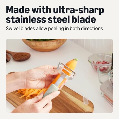 Amazon Basics Vegetable and Potato Peelers with Ultra-Sharp Stainless Steel Swivel Blades, Non-Slip Soft-Touch Handle, Protective Covers, 2-Piece Set, Dishwasher-Safe, Linen Gray