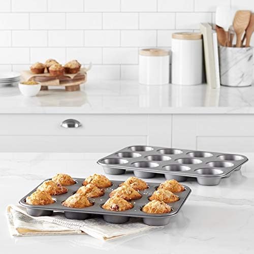 Amazon Basics Nonstick Muffin Pan,Set of 2,Sturdy,Oven Safe,Bakes Evenly,Easy to Clean,12 Cups,Gray,13.9x10.55x1.22,(Pack of 4)