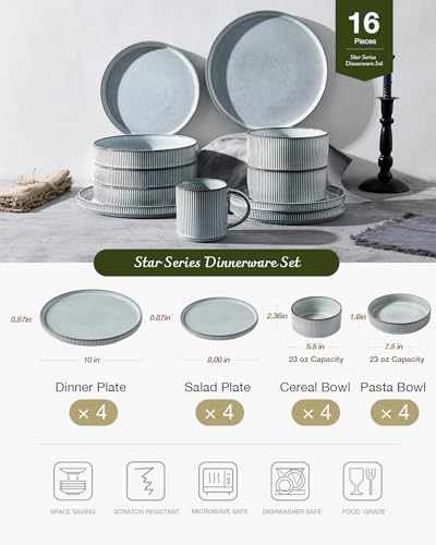Famiware Star Stoneware Dinnerware Sets with Pasta Bowls, 16pc Dishes for 4