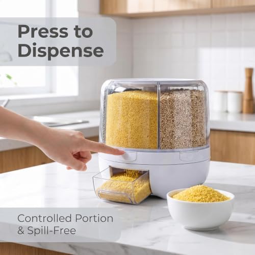 XIYAO 20Lbs Grain dispenser 360°Rotating Rice Dispenser 6 Grids Transparent Rotatable Cereal Storage Container with Sealed lid for Dry Food Beans Peanut Barley Millet Seeds