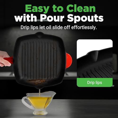 NutriChef 11" Enameled Cast Iron Steak Grill Pan - Square Skillet with Drip Spout, For All Cooktops, Perfect Grill Marks - NCCIES47
