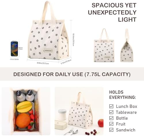 TELLUMO Corduroy Insulated Lunch Bag, 7.75L Large Capacity Reusable Lunch Box, Cute Lunch Tote for Women Men, Leakproof Lunch Cooler for Work Picnic Travel (Corduroy BlackClub)
