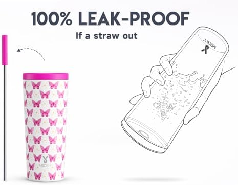 Meoky 24 oz Insulated Tumbler with Lid and Straw, Stainless Steel Vacuum Insulated Tumbler, Keeps Cold for 24 Hours, 100% Leak Proof, Fits in Car Cup Holder (Butterfly)