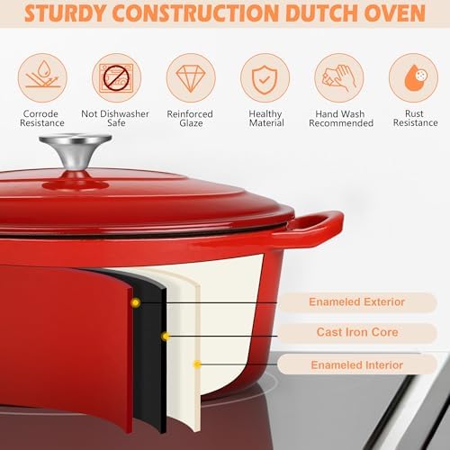 TeamFar 7QT Oval Dutch Oven, Enameled Cast Iron Dutch Oven Pot with Lid