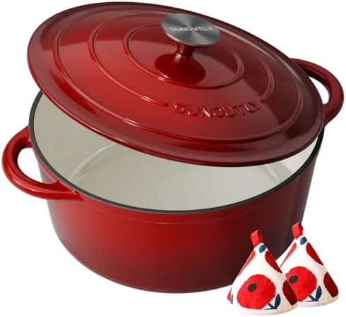 Enameled Cast Iron Dutch Oven - 4.5QT Pot with Lid & Cotton Potholders - Heavy-Duty Cookware for Braising, Stews, Roasting, Bread Baking, Oven Safe up to 500°F & Suitable for All Cooktops, Cherry Red