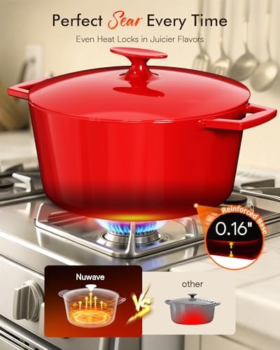 Nuwave Lux 6QT Enameled Cast Iron Dutch Oven Pot, Cast Iron Knob, Crimson