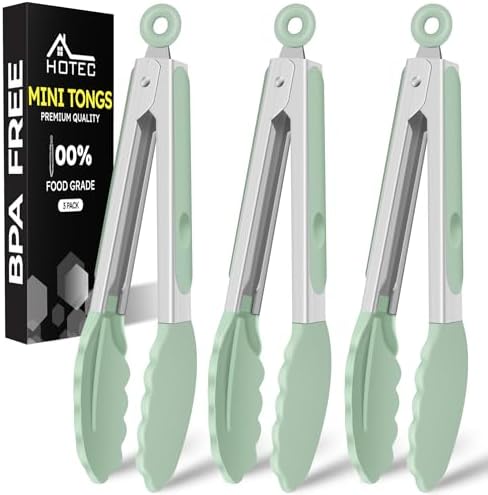 HOTEC Small Silicone Kitchen Tongs 7-Inch Mini Serving Tongs, Set of 3