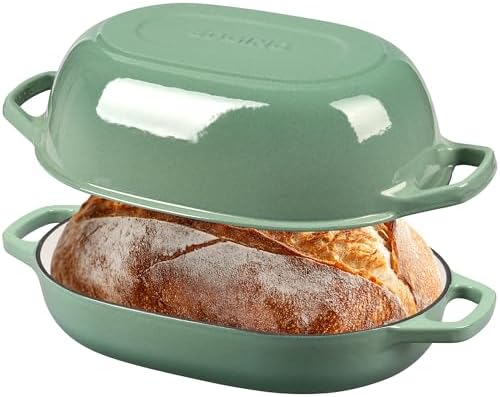 EDGING CASTING Enameled Cast Iron Oval Dutch Oven Pot with Lid, Dutch Oven for Sourdough Bread Baking, Bread Oven, Bread Dutch Oven, Oval Bread Pan, 7qt, Sage Green