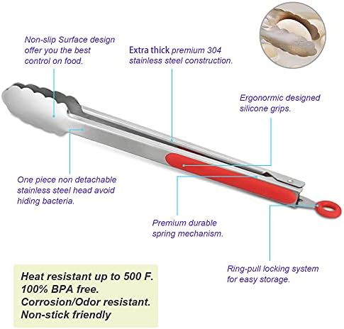 304 Stainless Steel Kitchen Cooking Tongs, 12 & 14 Inch, Set of 2, Red