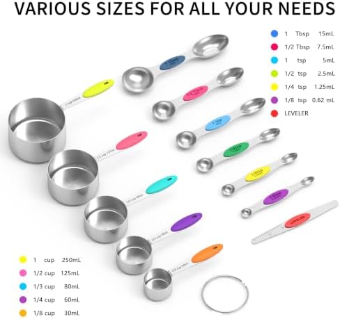 TILUCK measuring cups and magnetic measuring spoons set, stainless steel measuring cups, 6 double-sided stainless steel measuring spoons & 1 leveler (12)