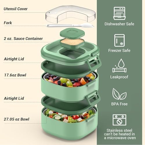 PEDECO Luch Box Set Stackable Stainless Steel Bento Box with Insulated bag,Leak-Proof,2-Tier Bento box,Lunch Box With Portable Sauce Pod and Cutlery-for Kids/Toddler,Dishwasher Safe,Green