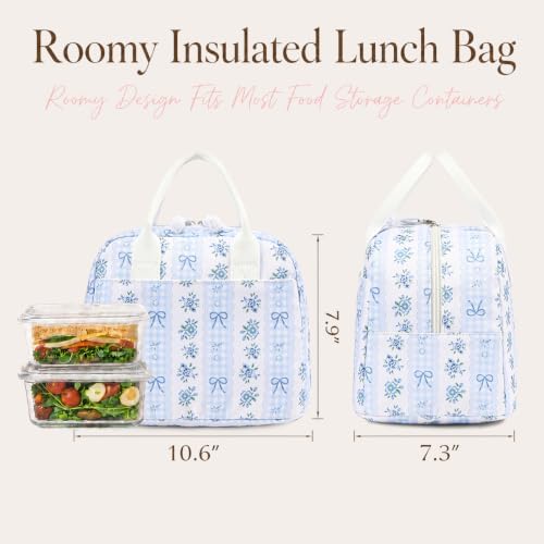 LOVELYWIND Lunch Box for Women, Insulated Lunch Bag, Blue Floral Tote