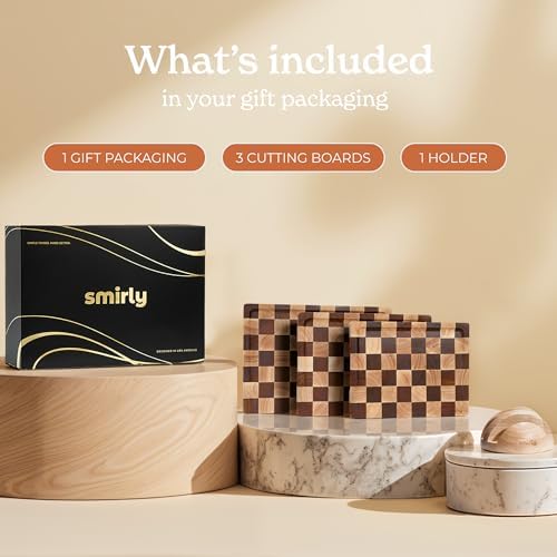 SMIRLY Cutting Board for Kitchen, 3 Pcs Rubberwood Cutting Board with Stand