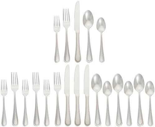 Amazon Basics Silverware Set, Stainless Steel Flatware, Dishwasher Safe, Easy to Clean, Service for 4, 20-Piece Forks and Spoons, Pearled Edge