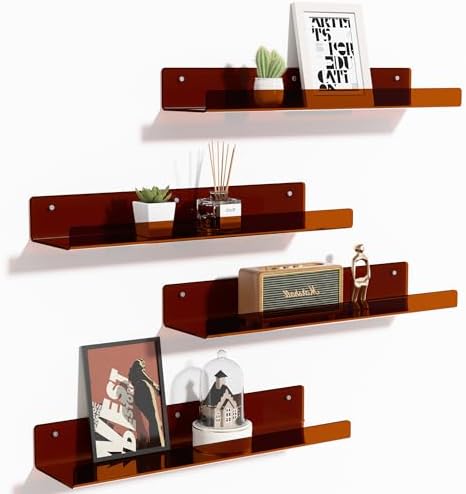 upsimples 4 Pcs 15" Acrylic Shelves for Wall Decor and Display, Brown