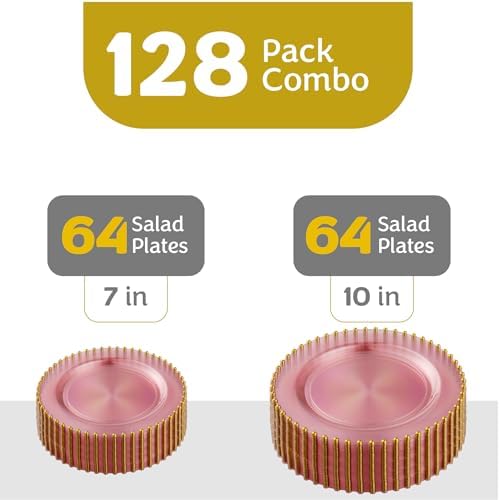 PLASTICPRO 128 Piece Combo Plastic Dinner Plates Disposable Plastic Fancy Heavy Duty Party Dishes 7 inch and 10 inch, Translucent Pink and Gold Beaded