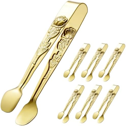 HINMAY 6PCS Mini Serving Tongs 5" Small Rose Appetizer Tongs (Gold)