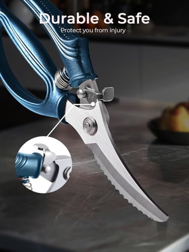 Poultry Shears, Heavy Duty Kitchen Shears With Anti-Slip Handle & Safety Lock, Poultry Scissors for Meat, Chicken, Bone,Turkey, Fish, Spring Loaded, Dishwasher Safe(Navy Blue)