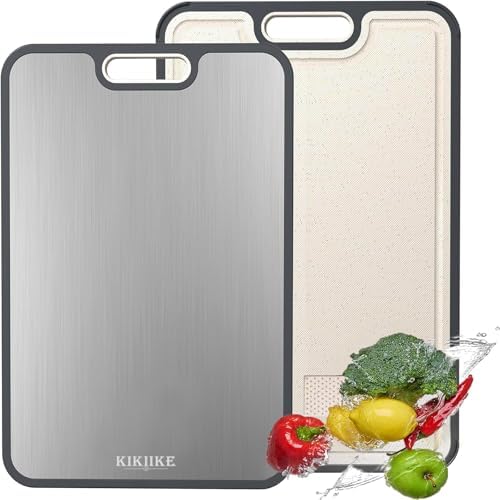 Titanium Cutting Board Double Sided Pure Titanium Cutting Boards for Kitchen, Pure titanium & Wheat Straw PP Food Grade metal cutting board, Non-slip durable and easy to clean (Large)