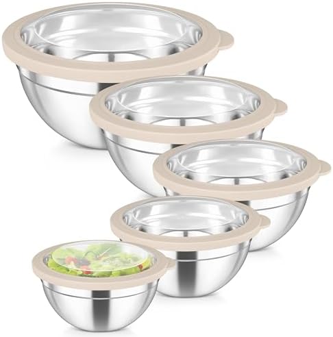 TeamFar Mixing Bowls Set, Stainless Steel Salad Bowl with Lids, Khaki