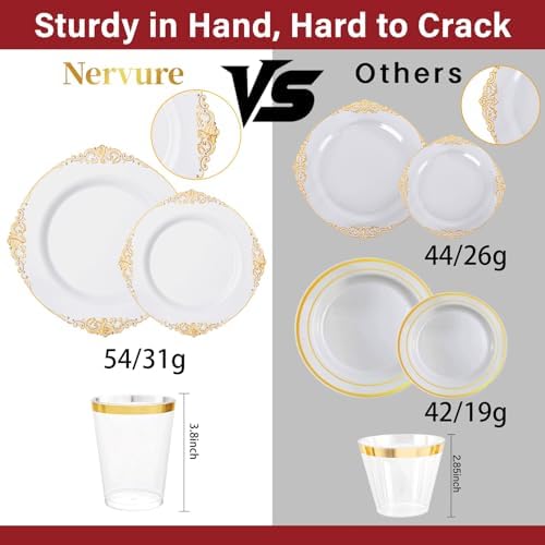 Nervure 350Pcs Gold Plastic Plates, Disposable Dinnerware Set for 50 Guests