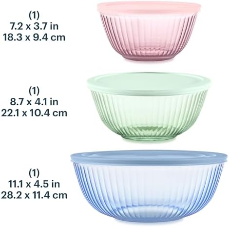 Pyrex Colors (3-Pack) Sculpted Tinted Glass Mixing Bowls with Plastic Lids