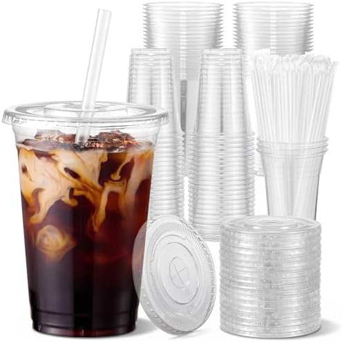 VITEVER 100 Sets - 12oz Clear Plastic Cups with Lids and Straws, Disposable Cups for Iced Coffee, Smoothie, Milkshake, Cold Drinks