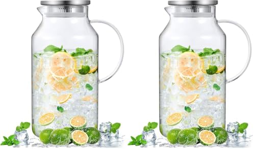 Bivvclaz 1 Gallon Glass Pitcher with Lid and Handle, Water Pitcher for Fridge, Glass Carafe for Hot/Cold Water, Large Iced Tea Jug for Coffee, Juice and Homemade Beverage (Pack of 2)