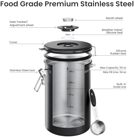 Veken Coffee Canister,39OZ, 2.2lbs,Large Airtight Stainless Steel Container Kitchen Food Storage Jars for Beans,Ground, Espresso, Rice,Tea, Sugar, Cereal, Gifts, Date Tracker, Scoop, Black (Pack of 2)
