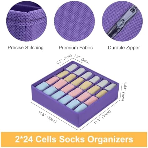 joyoldelf Sock Drawer Organizer Divider 4 Packs Underwear Organizer, 24 Cell Closet Organizers and Storage Organizer Sock Holders Organizers for Storing Socks, Handkerchiefs, Ties, Belts (Purple)